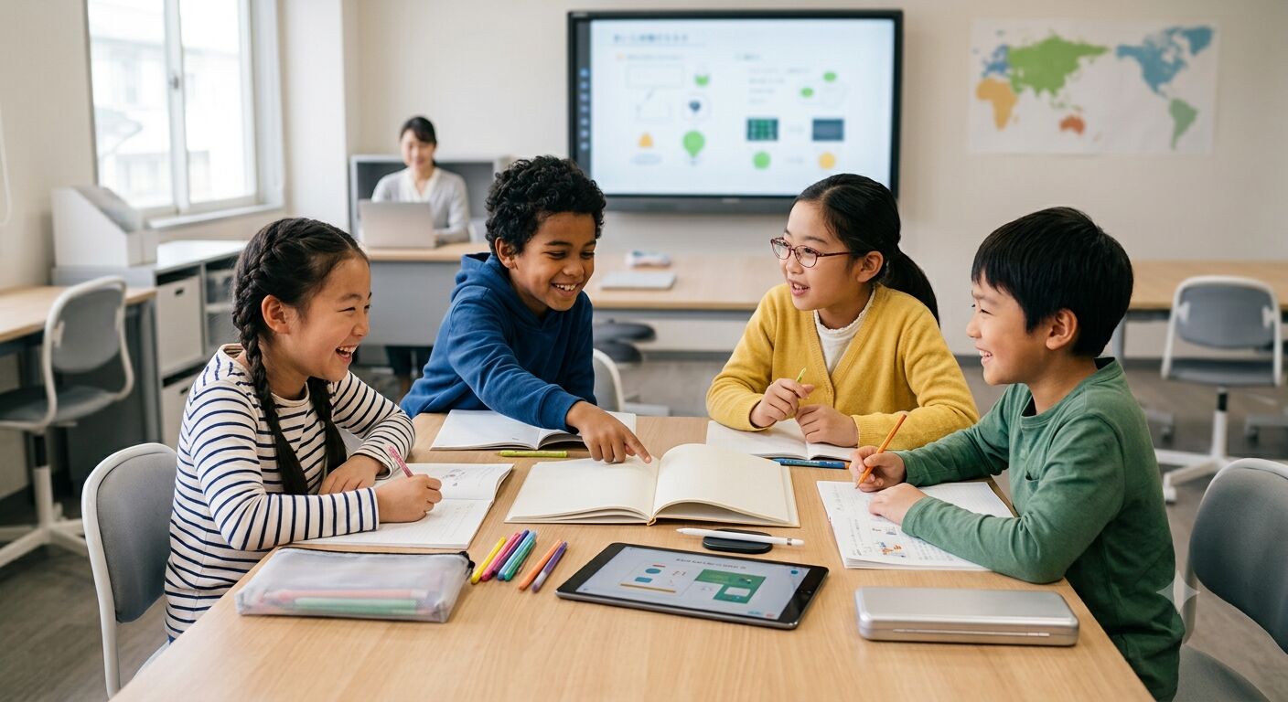テーブルを囲んでノートを開き、話しながら学ぶ子どもたち