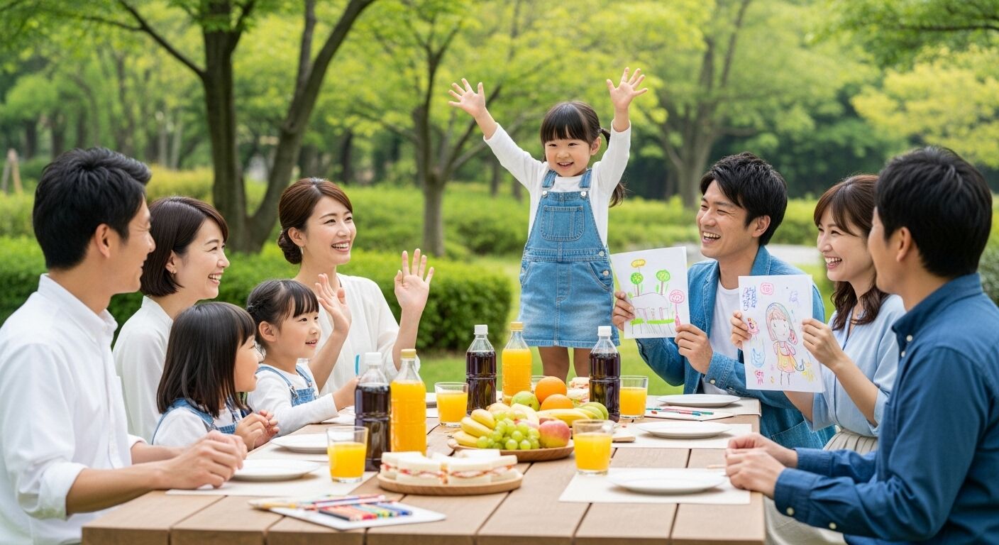 屋外のテーブルを囲んで手をあげる子どもたちと大人たち